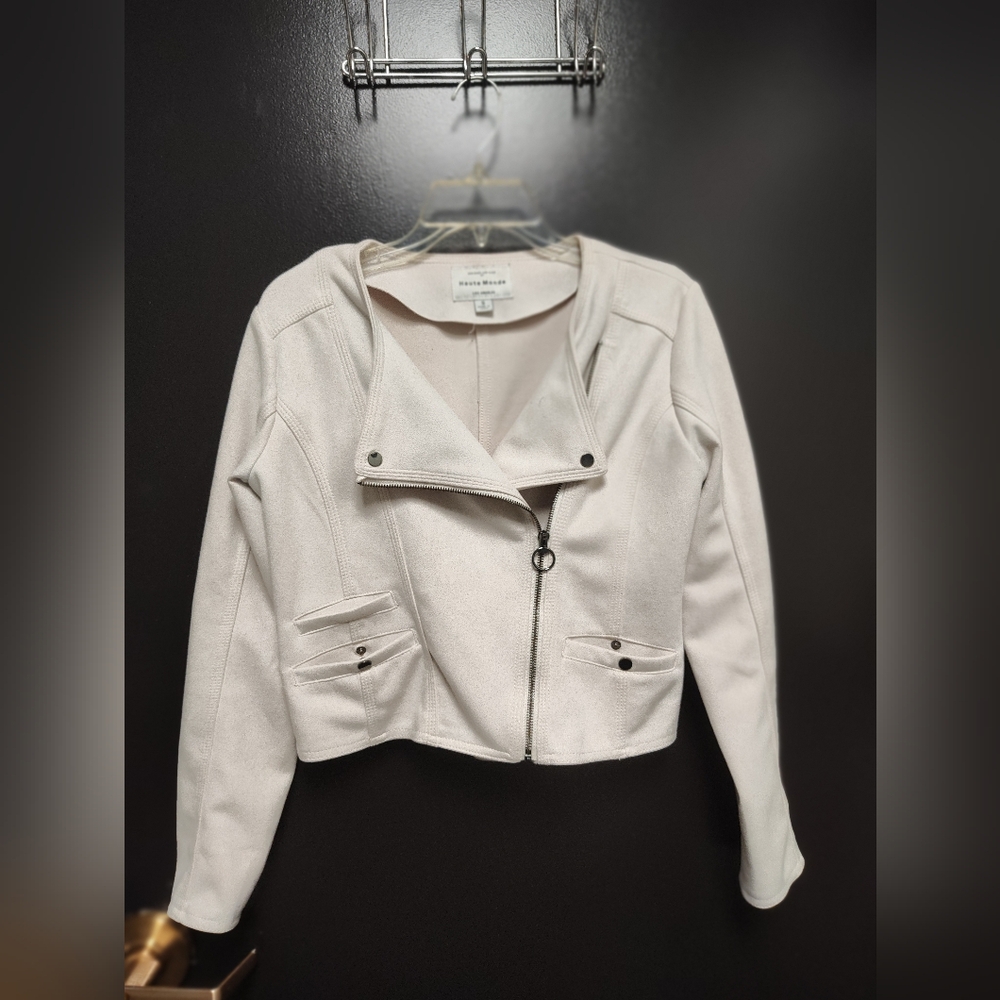Haute Monde Faux Suede Cropped Moto Biker Jacket with Zippered Pockets